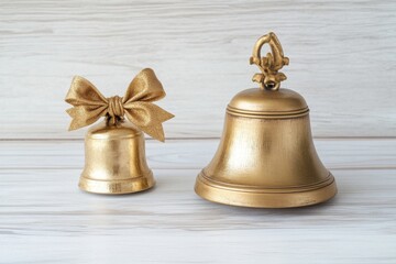 Two beautifully crafted golden bells, one small with a bow and one large, against a light wooden background.
