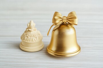 A beautiful gold bell with a bow and a decorative cream-colored bell on a light wooden surface.