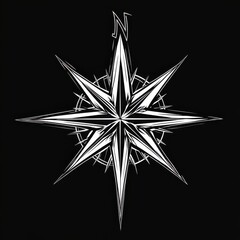 Fototapeta premium Stylized compass rose illustration in black and white, featuring sharp, angular design elements.