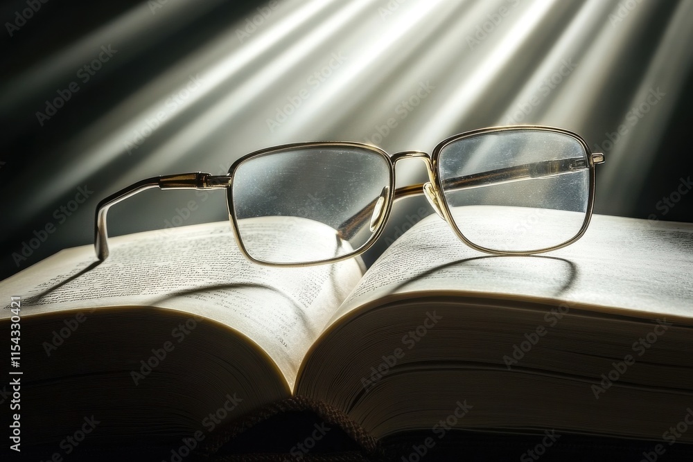 Poster a pair of glasses resting on an open book, illuminated by soft rays of light, highlighting a moment 