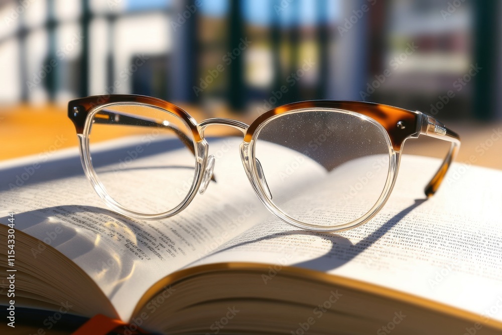 Poster a stylish pair of tortoiseshell glasses resting on an open book, capturing a moment of reflection in