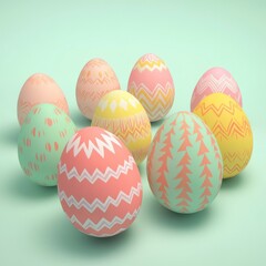Fototapeta premium A colorful arrangement of pastel Easter eggs featuring various patterns on a soft mint background.
