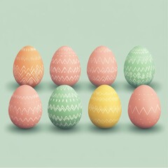 Colorful decorated Easter eggs in soft pastel shades arranged in a geometric pattern on a mint background.