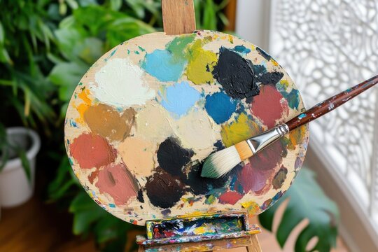 A vibrant palette with various paint colors and a brush, set against a backdrop of lush greenery.