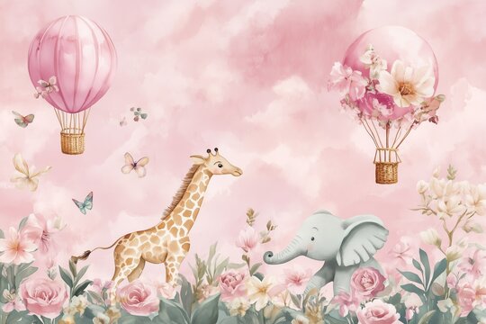 A kids' wallpaper mural featuring cycling animals with balloons, including a giraffe and elephant, set against a watercolor pink background. The design includes hot air balloons, blooming flowers 