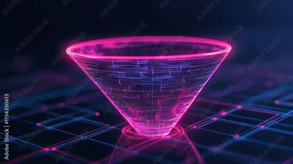 Poster a glowing pink cone shape in a digital space, showcasing a futuristic design with a grid background 