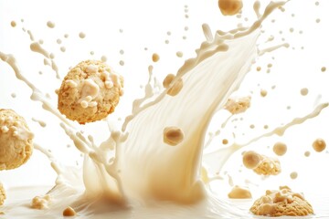 Naklejka premium Milk splashing with cookies immersed in a creamy texture on a bright background