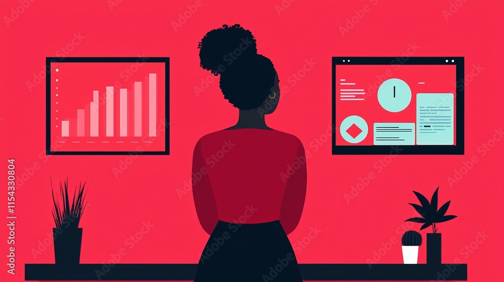 Poster a person analyzes data on a digital screen in a modern workspace with vibrant red walls, surrounded 