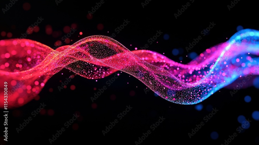 Poster a vibrant wave of swirling colors in shades of pink and blue, illuminated against a dark background,