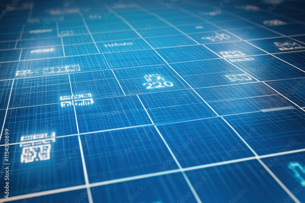 Poster abstract digital grid pattern with glowing symbols and numbers, conveying technology and innovation.