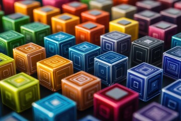 A vibrant array of colorful cubes in various shades, creating a captivating geometric pattern.