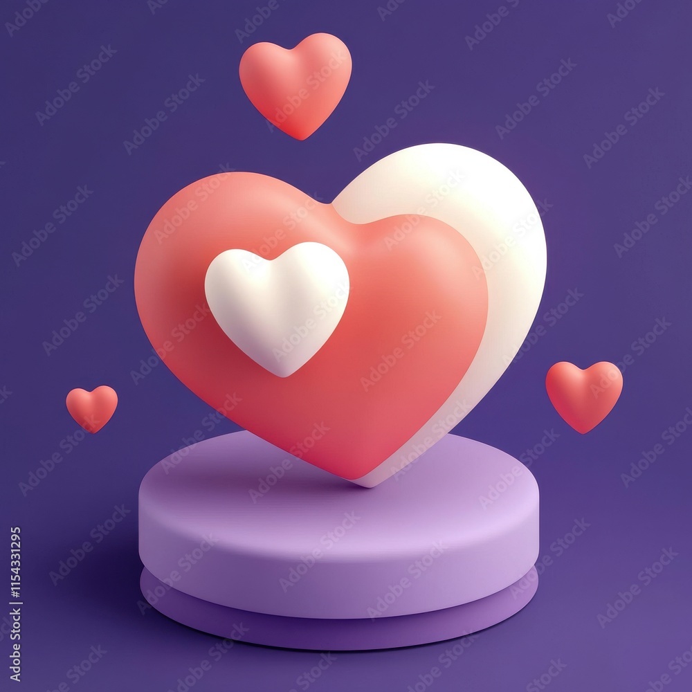 Poster three colorful hearts float above a circular podium, creating a playful and modern visual on a purpl