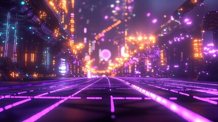 Obraz premium Vibrant Futuristic Cityscape: A Stunning 3D Render in Electric Neon Style. AI Generated
