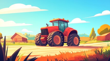 Obraz premium Vibrant Farming Scene with Red Tractor under Bright Sky