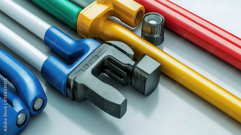 Poster colorful assortment of professional tools arranged neatly with a focus on a unique adjustable wrench