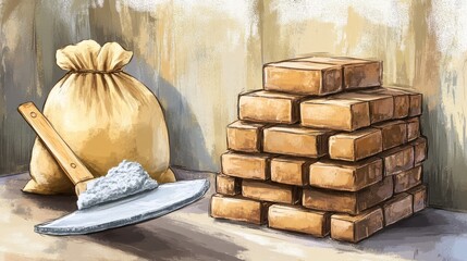 Artistic illustration of construction materials including bricks and plastering tools.
