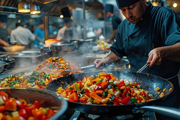 Obraz premium A skilled chef tosses vibrant vegetables in a hot skillet, adding spices in a busy kitchen. The steam rises as flavors combine, creating a delicious meal during evening service