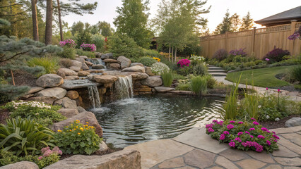 Garden pond view with stream, 4K virtual video animation background, elegant landscape design with plants, flowers and small waterfall