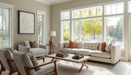 Obraz premium Modern Living Room Interior Design Beige Sofa Large Windows Autumn Scenery