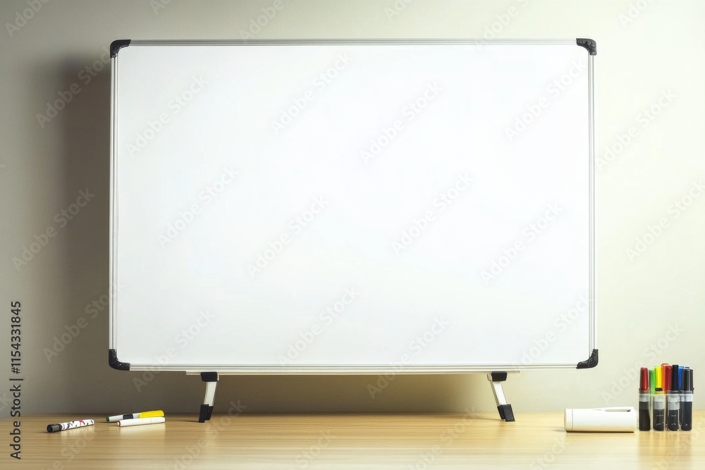 Poster a clean whiteboard displayed on a wooden table with colorful markers ready for brainstorming session