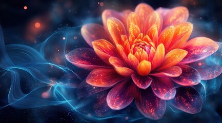 Glowing red and orange flower with blue smoke.