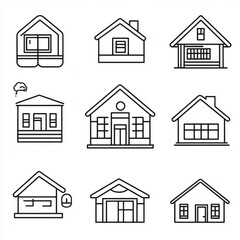 A variety of house icons showcasing diverse architectural styles in a minimalist line art design.