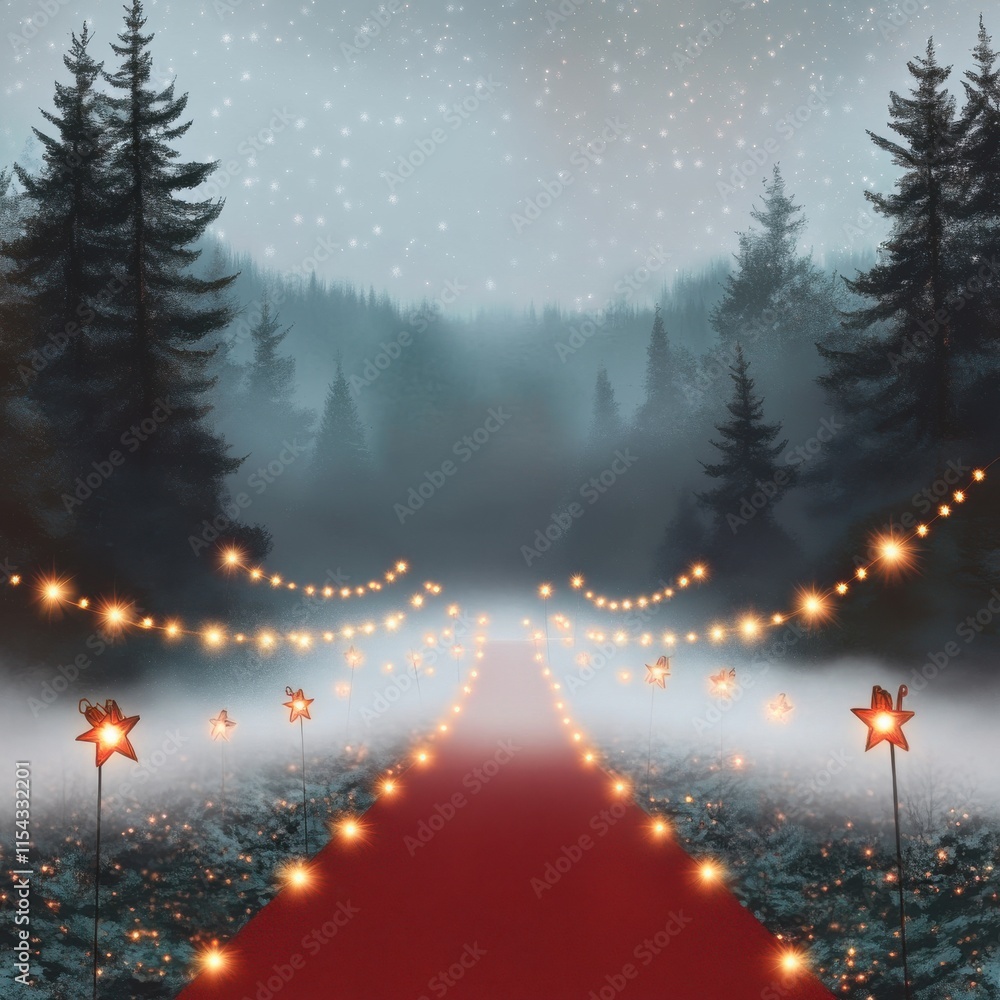 Poster magical winter pathway with glowing star lights, creating an enchanting atmosphere in a misty forest
