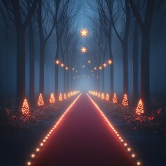 A mystical pathway in a foggy forest, lined with glowing stars and vibrant lights, creating a magical atmosphere.