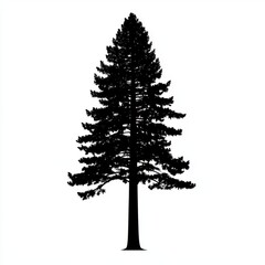 Silhouette of a tall evergreen tree against a white background, showcasing its intricate branch structure.