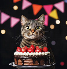 Funny Cat in a Party Hat Holding an Elegant Chocolate Cake with strawberries — Perfect for Birthday Greetings and Wallpapers