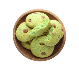 Delicious mint chocolate chip cookies in bowl isolated on white, top view