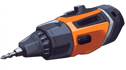 A close-up view of an orange and black electric drill, showcasing its sleek design and drill bit.