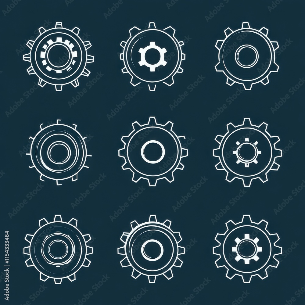 Poster a collection of nine line-drawn gears on a dark background, representing mechanics and engineering c