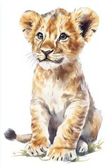 Obraz premium Adorable watercolor illustration of a baby lion cub sitting. Detailed and cute animal art perfect for decor and design use.