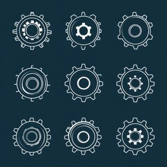 A collection of nine line-drawn gears on a dark background, representing mechanics and engineering concepts.