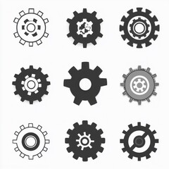 A collection of nine diverse gear illustrations in black and gray showcasing various designs and shapes.