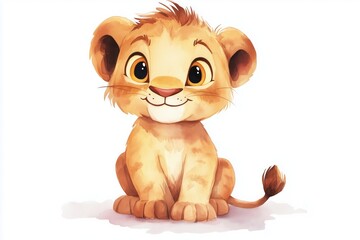 Naklejka premium Adorable watercolor illustration of a baby lion cub sitting. Detailed and cute animal art perfect for decor and design use.
