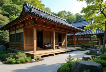 Obraz premium A Tranquil Oasis In The Heart Of The City Traditional Japanese Teahouse With Zen Garden