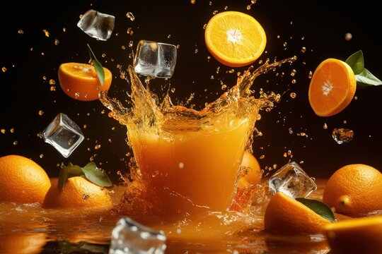 Freshly squeezed orange juice splashes with ice cubes and oranges surrounding it in a dramatic display