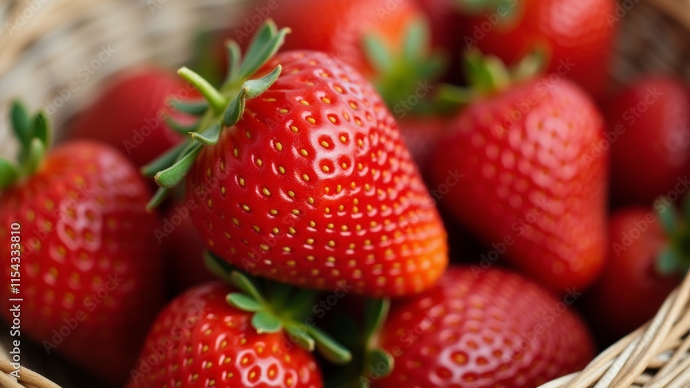 Poster the image is a close-up of a basket filled with fresh strawberries. the basket is made of woven stra
