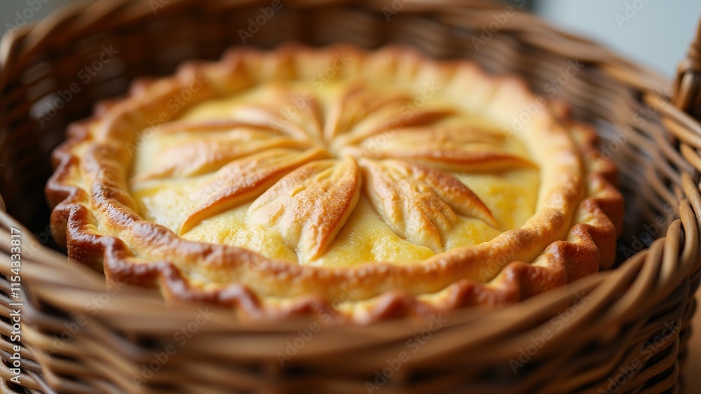 Poster the image is a close-up of a freshly baked pie in a woven basket. the pie has a golden-brown crust w