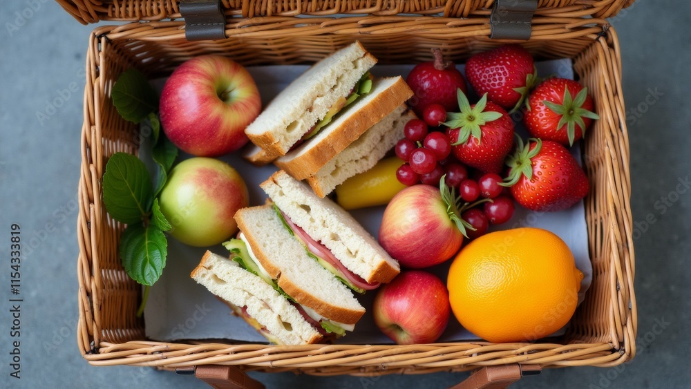 Poster the image is of a picnic basket filled with various fruits and vegetables. the basket is made of wic