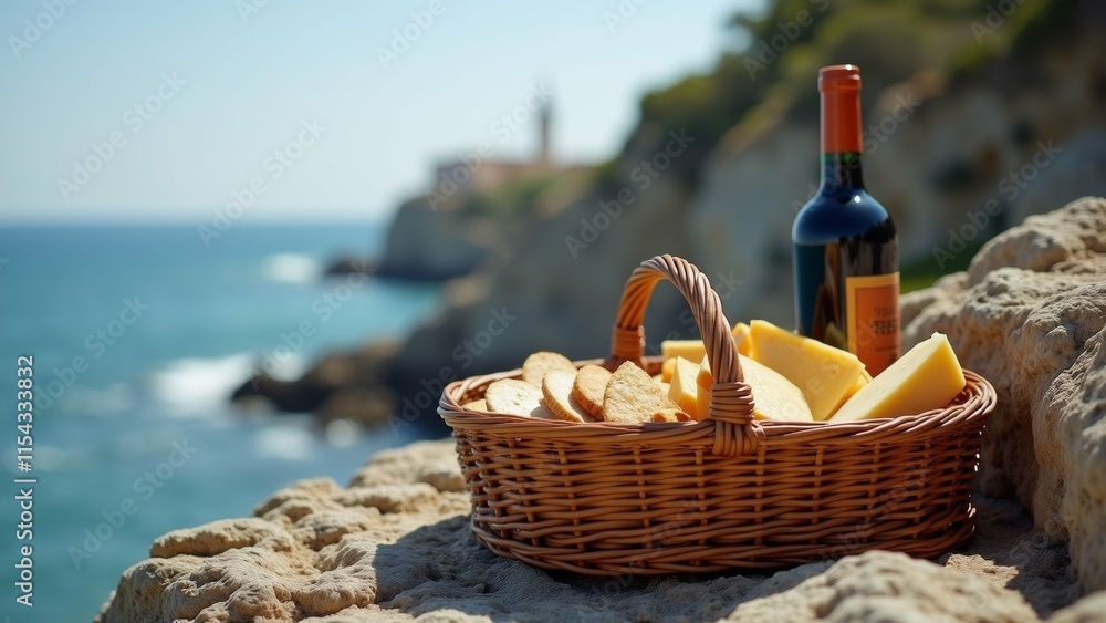Poster the image shows a basket of cheese and a bottle of red wine on a rocky cliff overlooking the ocean. 