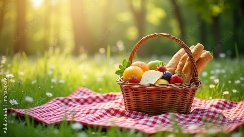 Poster the image shows a basket of fresh fruits and bread on a red and white checkered picnic blanket in a 