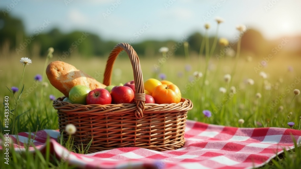 Poster the image shows a basket of fresh fruits and a loaf of bread on a red and white checkered picnic bla