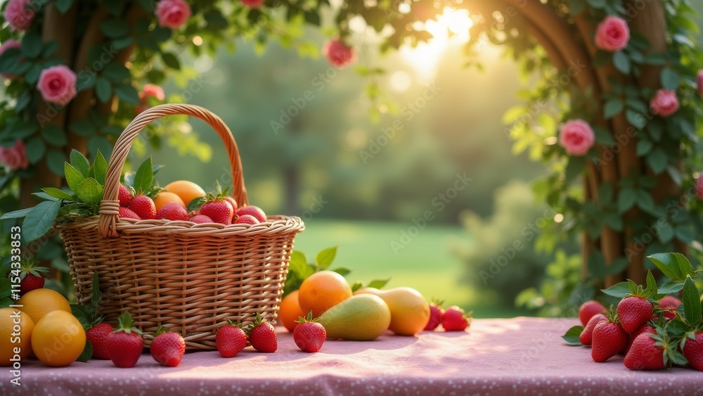 Poster the image shows a basket of fresh fruits on a table covered with a pink tablecloth. the basket is ma