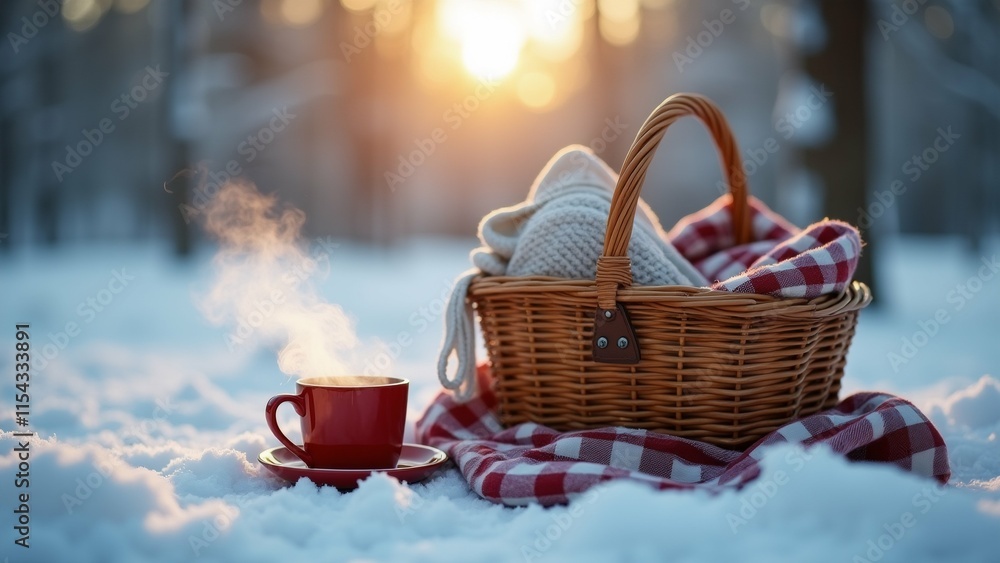 Poster the image shows a basket and a red and white checkered blanket on a snowy ground. the basket is made