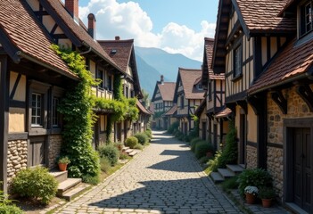 Fototapeta premium A Journey Through Time A Medieval Village With Cobblestone Streets And Wooden Houses