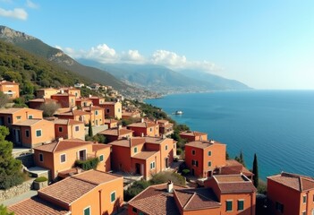 Sun Drenched Terracotta Houses Adorn the Greek Hillside Overlooking the Aegean Sea