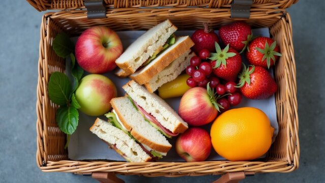 The image is of a picnic basket filled with various fruits and vegetables. The basket is made of wicker and has a handle on the top for easy carrying. - Powered by Adobe